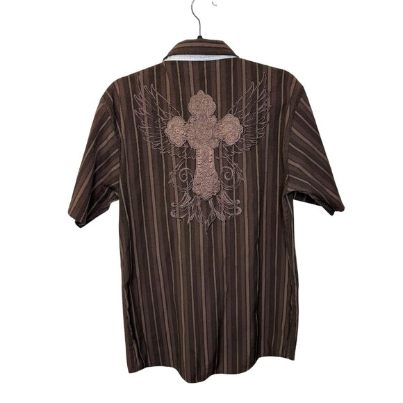 Spunky Wear Mens Brown Striped Button-Up Shirt Winged Cross Embroidery Sz Med - Picture 2 of 9